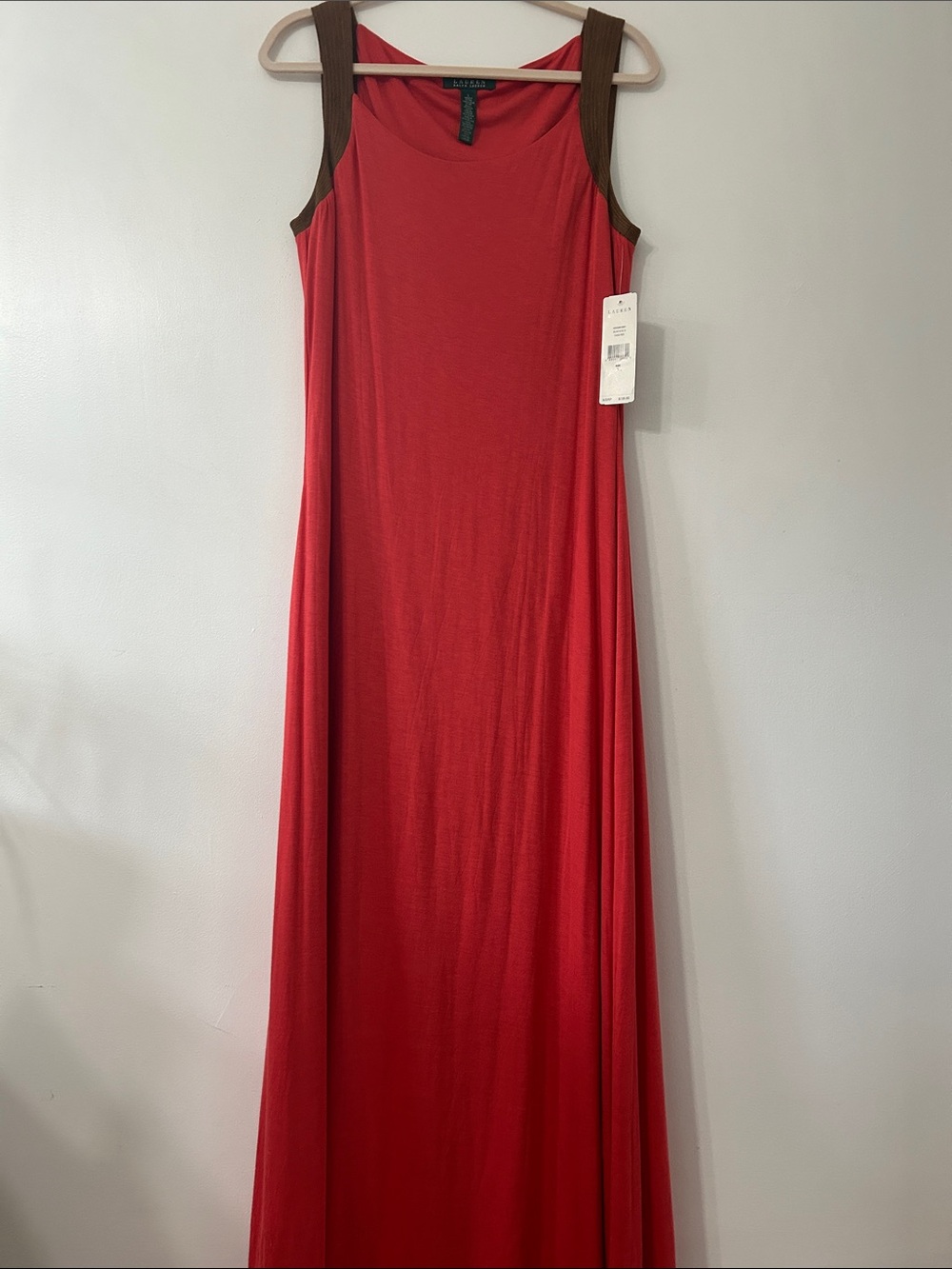 Lauren Ralph Lauren Red Maxi Dress Women's Large Sleeveless Suede Trim NWT